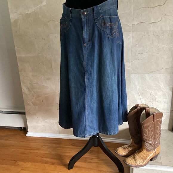 Ralph Lauren VTG Denim Midi Skirt, 10P Blue Embroidered Boho Cowgirl Y2K Western - Picture 2 of 10